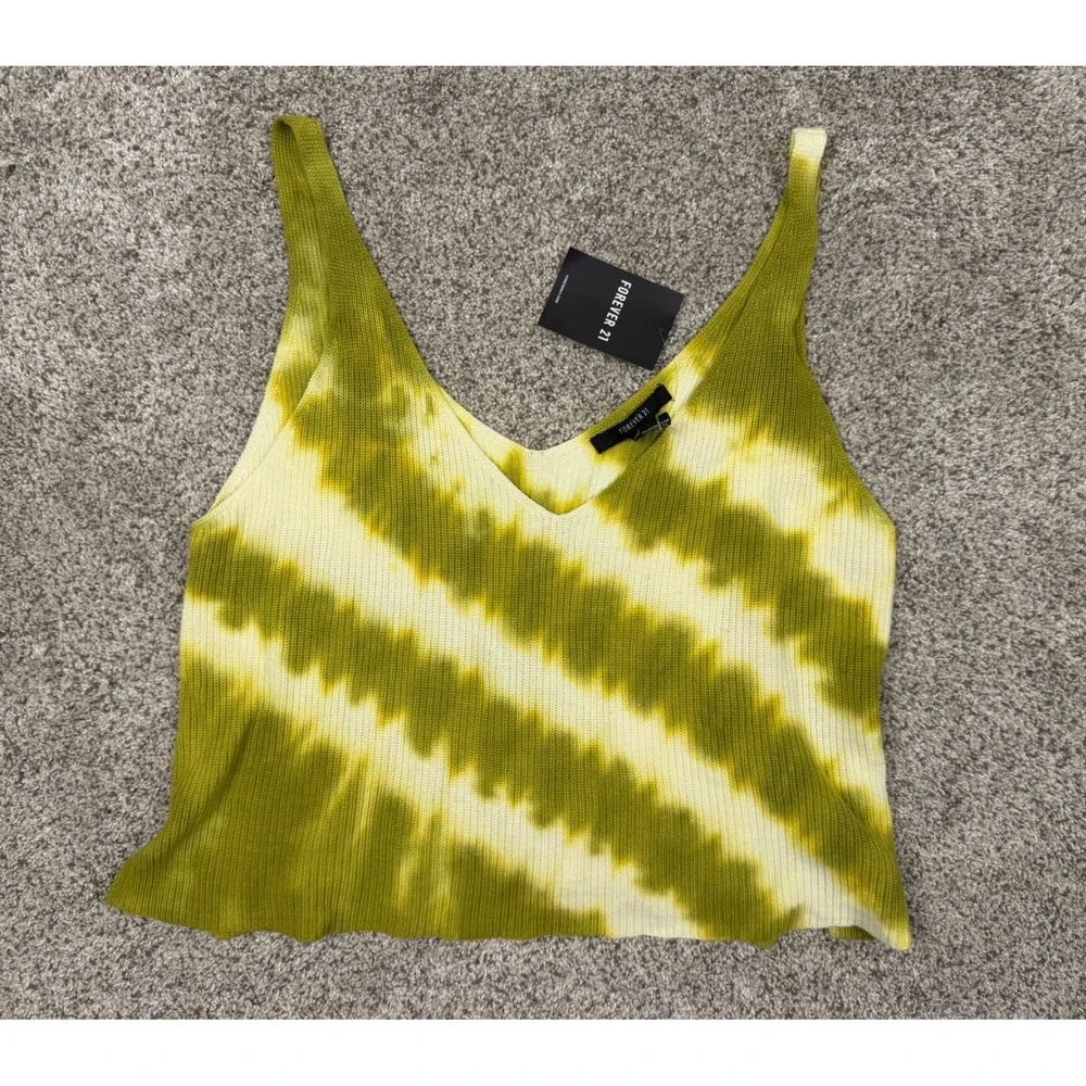 Forever 21 Womens Lime Green Tie Dye Knit V-Neck Tank Top Size Medium NWT - Picture 1 of 3